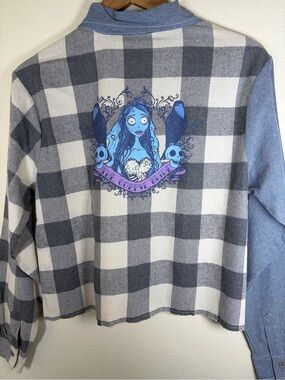 Corpse Bride Plaid Button Up Shirt Large Tim Burton Cropped Flannel Goth Spirit